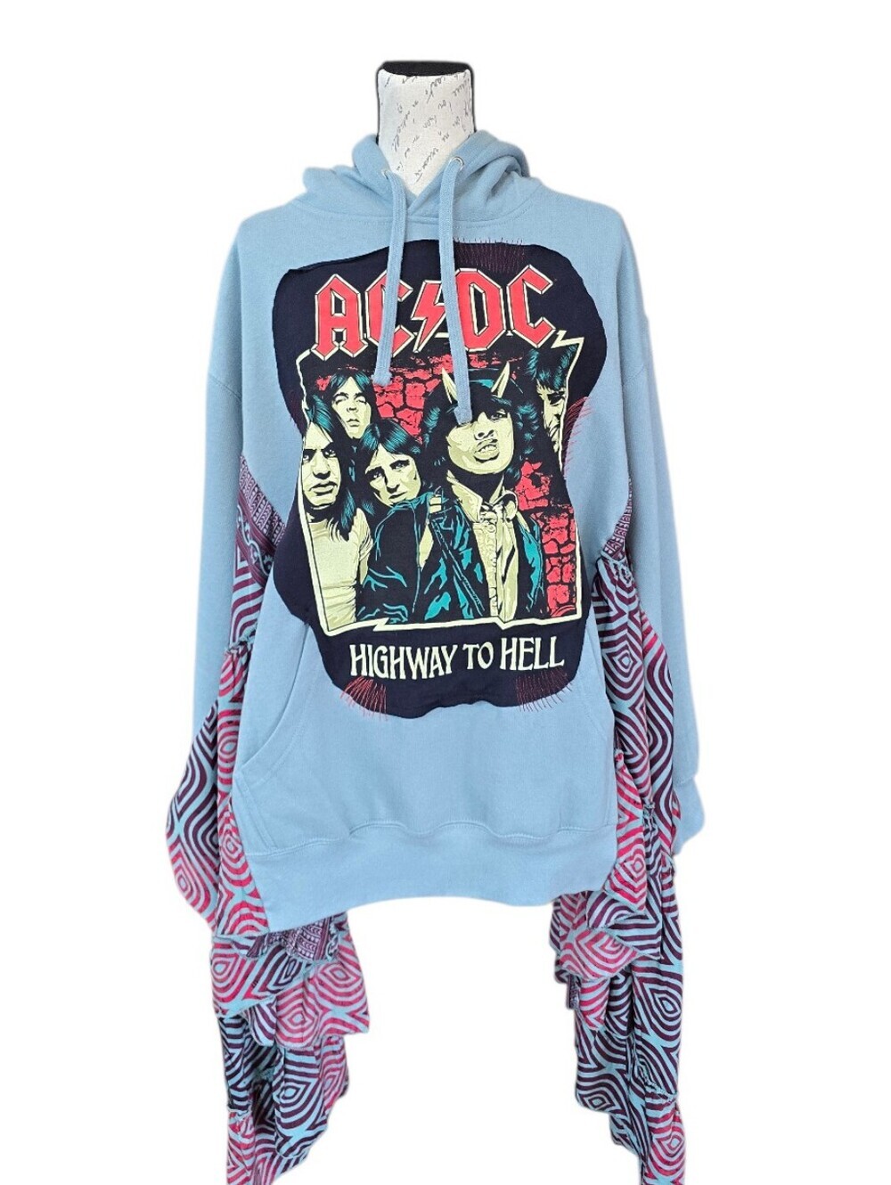AC DC Custom Upcycled Hooded Blue Long Butterfly Sleeve Sweatshirt L